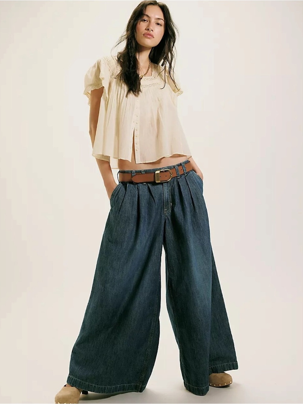 Free People Bohemian Billowy Scout Extreme Wide Leg Jeans Deep Indigo Size XL